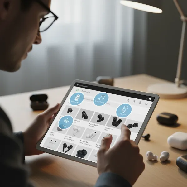 A person making an informed decision, looking at different earphone options, guided by key features.