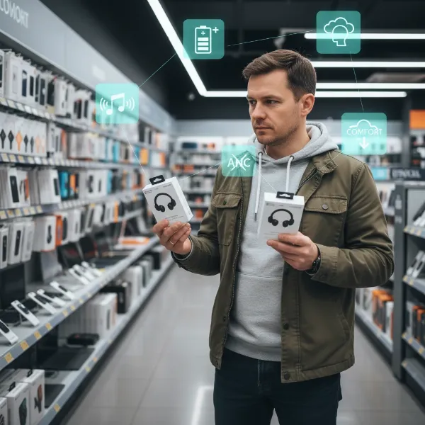 A person thoughtfully considering different wireless earphone boxes in a retail store setting, with key feature icons floating around.