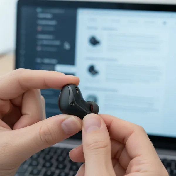 A person carefully evaluating wireless earphones options for their professional work setup