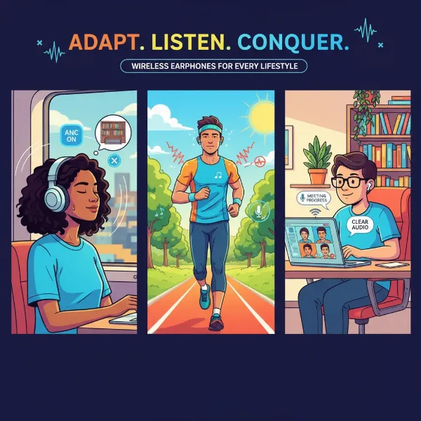 A diverse group of people using wireless earphones in various settings: commuting, working out, and at an office desk. The image is a vibrant, illustrative style showing different use cases.