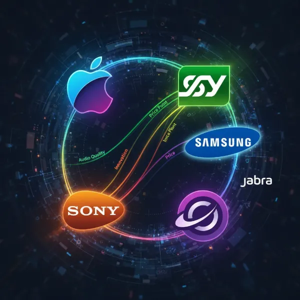 A dynamic graphic representing a comparison between multiple leading wireless earphone brands with their unique features highlighted.