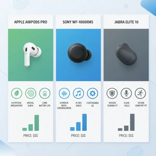 A visual representation comparing different brands of wireless earphones with their unique features and designs, laid out on a clean infographic background, illustrative style, overhead view with clear labels