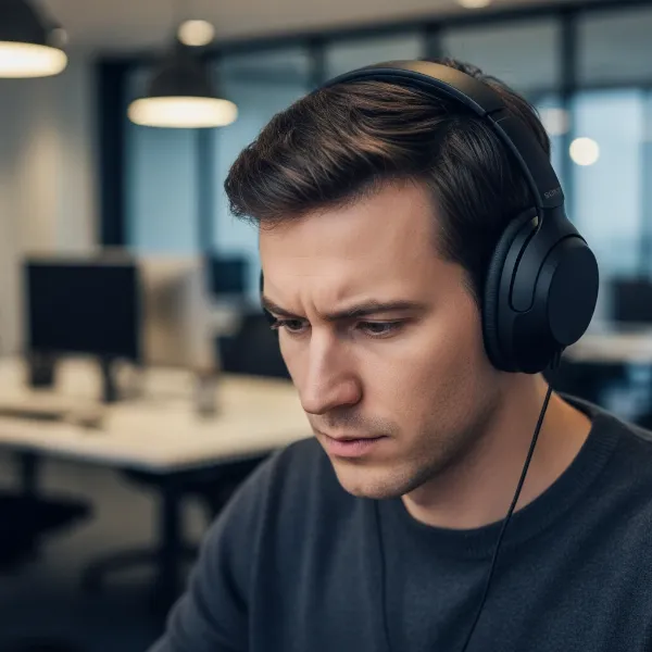 A close-up shot of the Sony WH-1000XM6 headphones being worn by a person with a focused expression, in a modern office. The background is softly blurred.