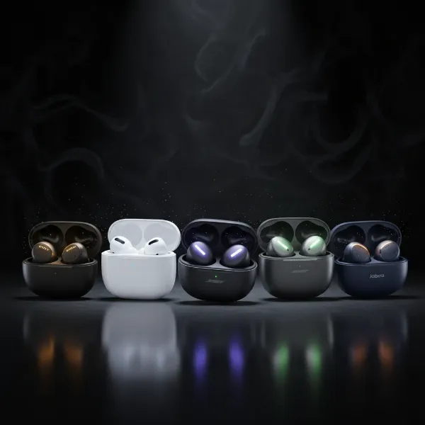 A dynamic shot showcasing five leading wireless earphone models, each highlighted with a soft glow, suggesting premium quality.