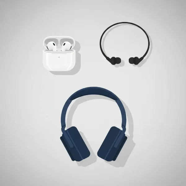 Various types of wireless earphones arranged on a clean background, highlighting their distinct designs.