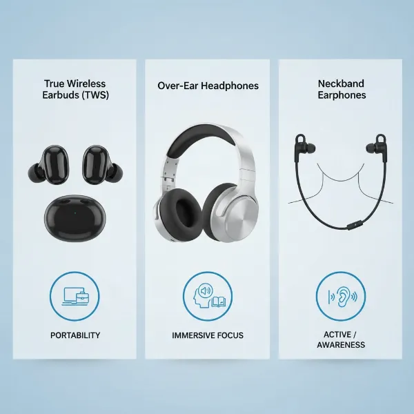 Visual guide to different types of wireless earphones for professional settings