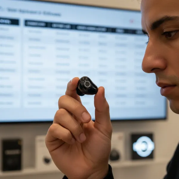 A person evaluating different wireless earphone models, highlighting various features on a display, representing the buying guide process. 