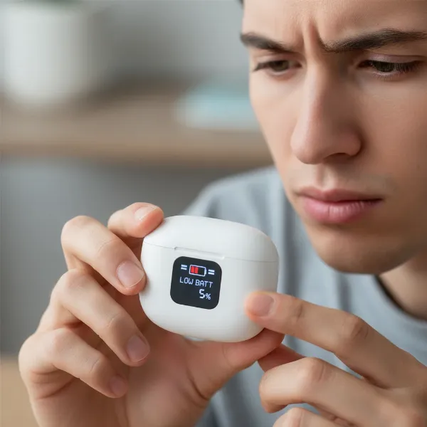 A person looking frustrated at their wireless earphone's charging case with a low battery indicator in a realistic, eye-level shot with soft lighting.
