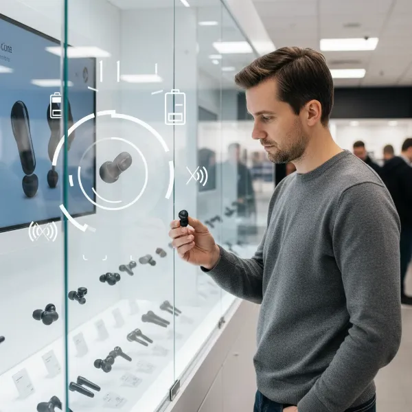 A person thoughtfully considering different wireless earphone models in a modern electronics store, with graphic overlays highlighting key features like battery life and noise cancellation