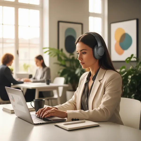 A professional woman in an office wearing modern wireless over-ear headphones, looking focused at her laptop. Soft, natural light from a window, office background blurred, realistic style.