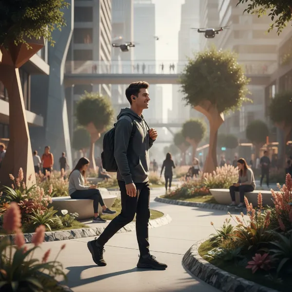 Person listening to wireless earphones in an urban setting, illustrating freedom and convenience.