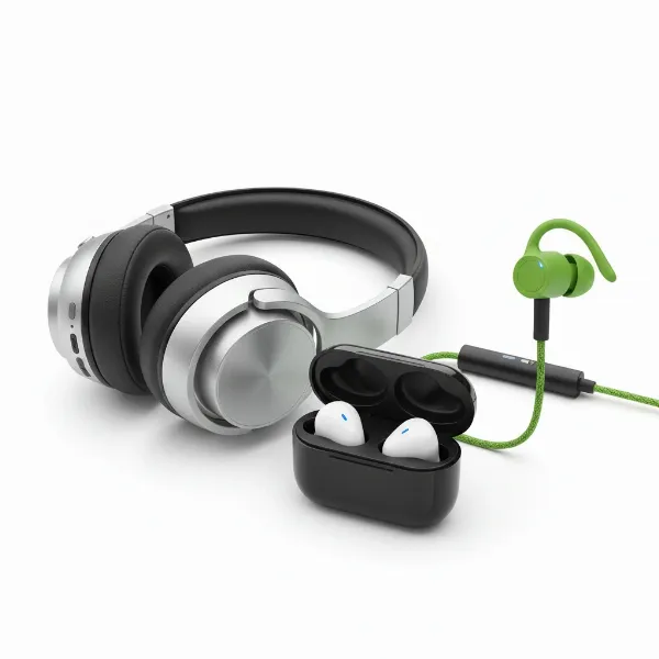Diverse types of wireless earphones including true wireless earbuds, over-ear, and sports models