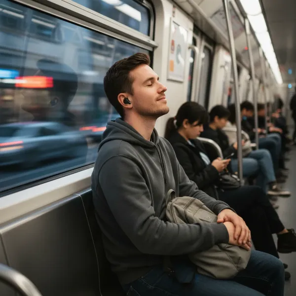A person enjoying music with wireless earphones while commuting on a subway, showcasing convenience and freedom of movement with ambient city life in the background, realistic style, eye-level angle, soft natural light
