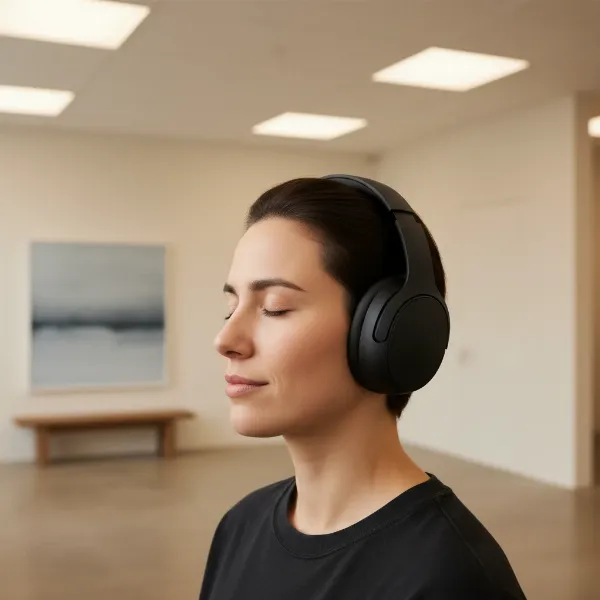 A person wearing large, comfortable wireless over-ear headphones in a modern, minimalist setting, focused on sound.